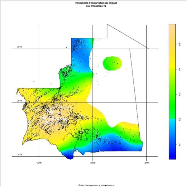 Carte de probabilité de présence des criquets pèlerins sur le territoire (trimestres T4)